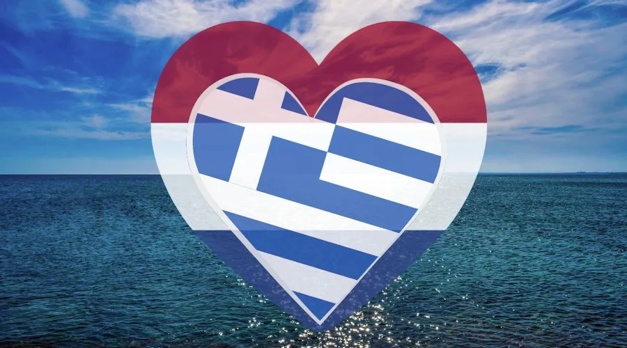 Greek and Nederland flag over sea